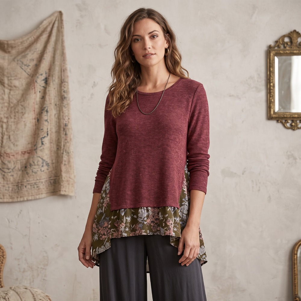 Oddy Mixed Media Tunic Top Burgundy Floral Tiered Cottage Boho Prairie Grunge XL
